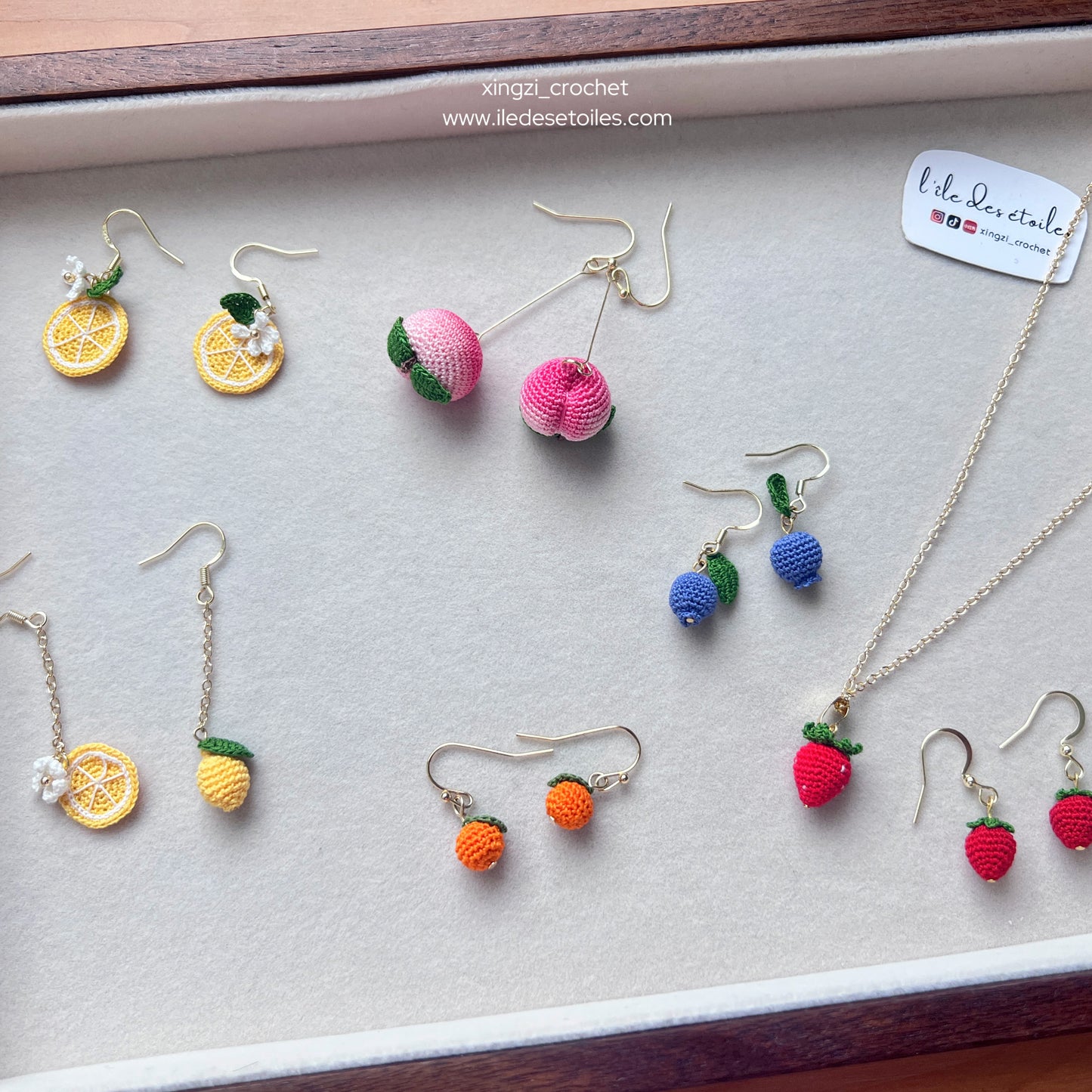 Boucles d'oreilles/Collier micro crochet fruits Myrtille Orange Fraise Pêche Citron